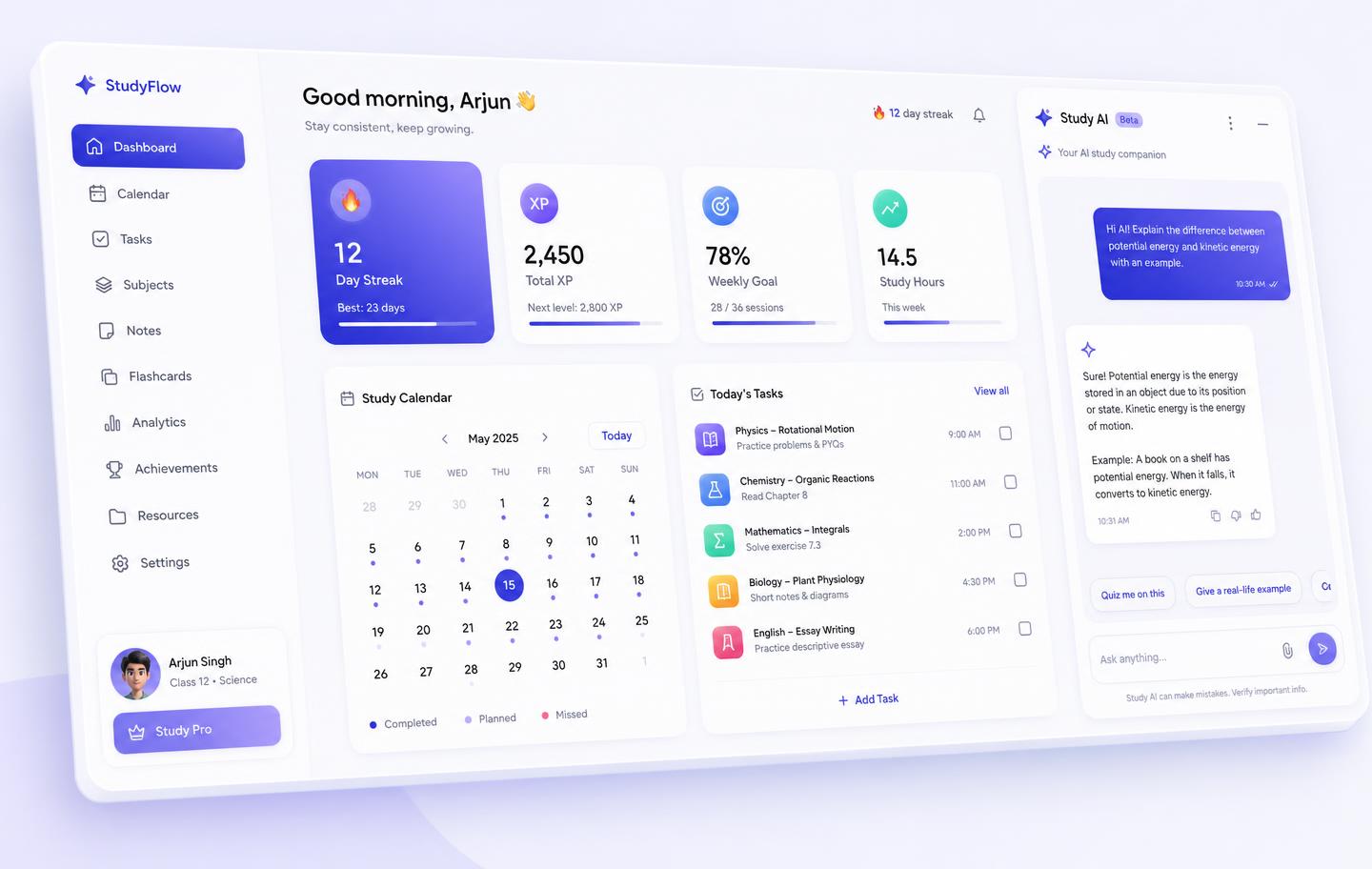 StudyLarp dashboard showing a study plan, streaks and the AI tutor chat